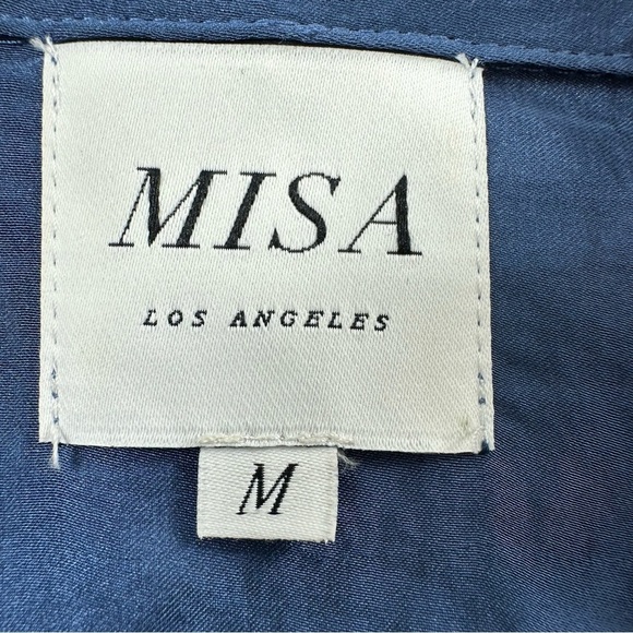 MISA Silky Romantic Button Blouse Womens Medium 3/4 Sleeves Ruffle Blue Satin - Picture 4 of 9